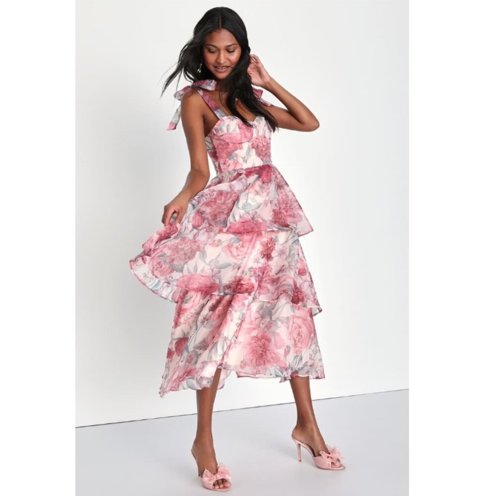 Lulus Playfully Posh Blush Floral Organza Tie-Strap Tiered Midi Dress XS